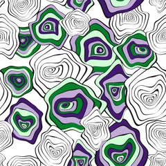 Hand Drawn Wavy Circles. Abstract Seamless Background in Ethnic Style. Vector Psychedelic Pattern with Deformed Rounds. Wave Seamless Pattern for Fabric, Textile, Cloth Design. Distortion, Spots.