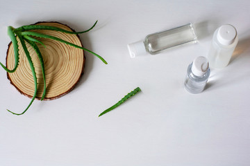 Flat lay composition with aloe vera on white background