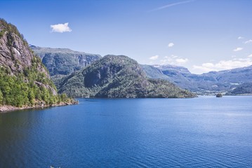Naklejka premium Blue sky and blue water in Norway