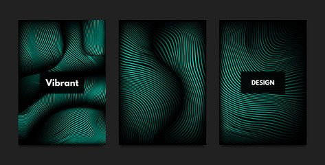Distortion of Wavy Lines. Turquoise Abstract Backgrounds with Vibrant Gradient. Movement and Volume Effect. Futuristic Cover Templates Set for Presentation, Poster, Brochure. Distortion of 3d Shapes.