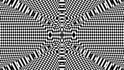 Black and white glitch background. Hypnotic trance texture. Op art monochrome kaleidoscope. Psychedelic illusive abstraction.