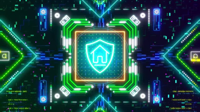 Cyber security, computer protection and internet safety symbol on digital background. 3D render hologram with shield sign, code and glitch effect.