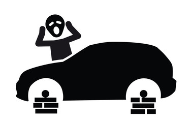 Grafik Auto mit geklauten Rädern und schreiender Besitzer schwarzweiß