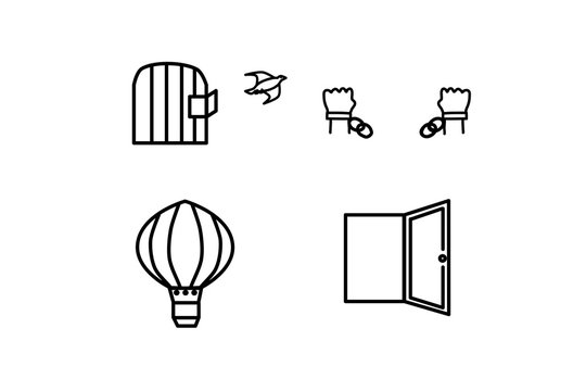Vector icon set. Freedom of a bird from a cage, hands in broken chains, balloon, open door