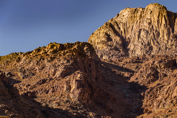 Obraz premium Egypt. Mount Sinai in the morning at sunrise. (Mount Horeb, Gabal Musa, Moses Mount). Pilgrimage place and famous touristic destination.