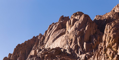Egypt. Mount Sinai in the morning at sunrise. (Mount Horeb, Gabal Musa, Moses Mount). Pilgrimage place and famous touristic destination.
