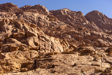Obraz premium Egypt. Mount Sinai in the morning at sunrise. (Mount Horeb, Gabal Musa, Moses Mount). Pilgrimage place and famous touristic destination.