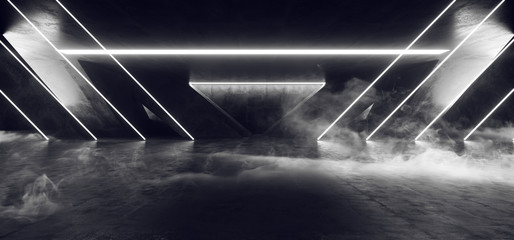 Smoke Triangle Laser Fluorescent Retro Sci Fi Futuristic Neon Glowing White Cyber Luminous Lights In Dark Empty Stage Show Underground Garage Room Hall Tunnel Corridor Grunge Concrete 3D Rendering