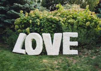 Large white homemade letters with the inscription love stand on the background of nature with green...