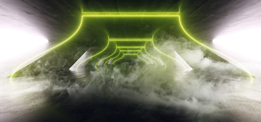 Smoke Fog Abstract Neon Light Retro Futuristic Sci Fi Alien Space Ship Club Stage Glowing Green Fluorescent Laser Lights In Grunge Concrete Underground Corridor Tunnel Hallway Entrance 3D Rendering