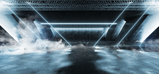 Smoke Sci Fi Fluorescent Vibrant Triangle Shaped Neon Glowing Blue Lights In Huge Dark Cement Concrete  Grunge Underground  Garage Reflections Alien Spaceship Future Arch 3D Rendering