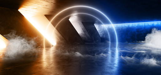 Smoke Sci Fi Fluorescent Vibrant Circle Shaped Neon Glowing Blue Yellow Lights In Huge Dark Cement Concrete  Grunge Underground  Garage Reflections Alien Spaceship Future Arch 3D Rendering
