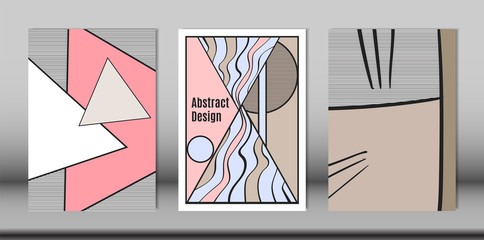 Covers Templates Set with Bauhaus and Graphic Geometric Elements. Placards Set with Handwritten Wavy Stripes, Triangles and Abstract Vector Shapes. Applicable for Brochures, Posters, Magazine, Layout.