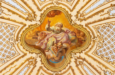 Fototapeta na wymiar CATANIA, ITALY - APRIL 7, 2018: The ceiling fresco of God the Father in baroque church Chiesa di San Placido by G. B. Piparo (18. cen.)