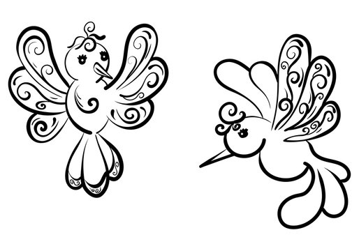 A set of two beautiful fantasy birds with curlicues.