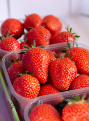 Fresh red ripe strawberry in boxes on market