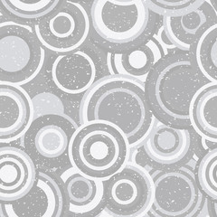 Modern vector abstract seamless geometric pattern with  circles in retro scandinavian style. Neutral gray and white colored shapes with worn out texture.