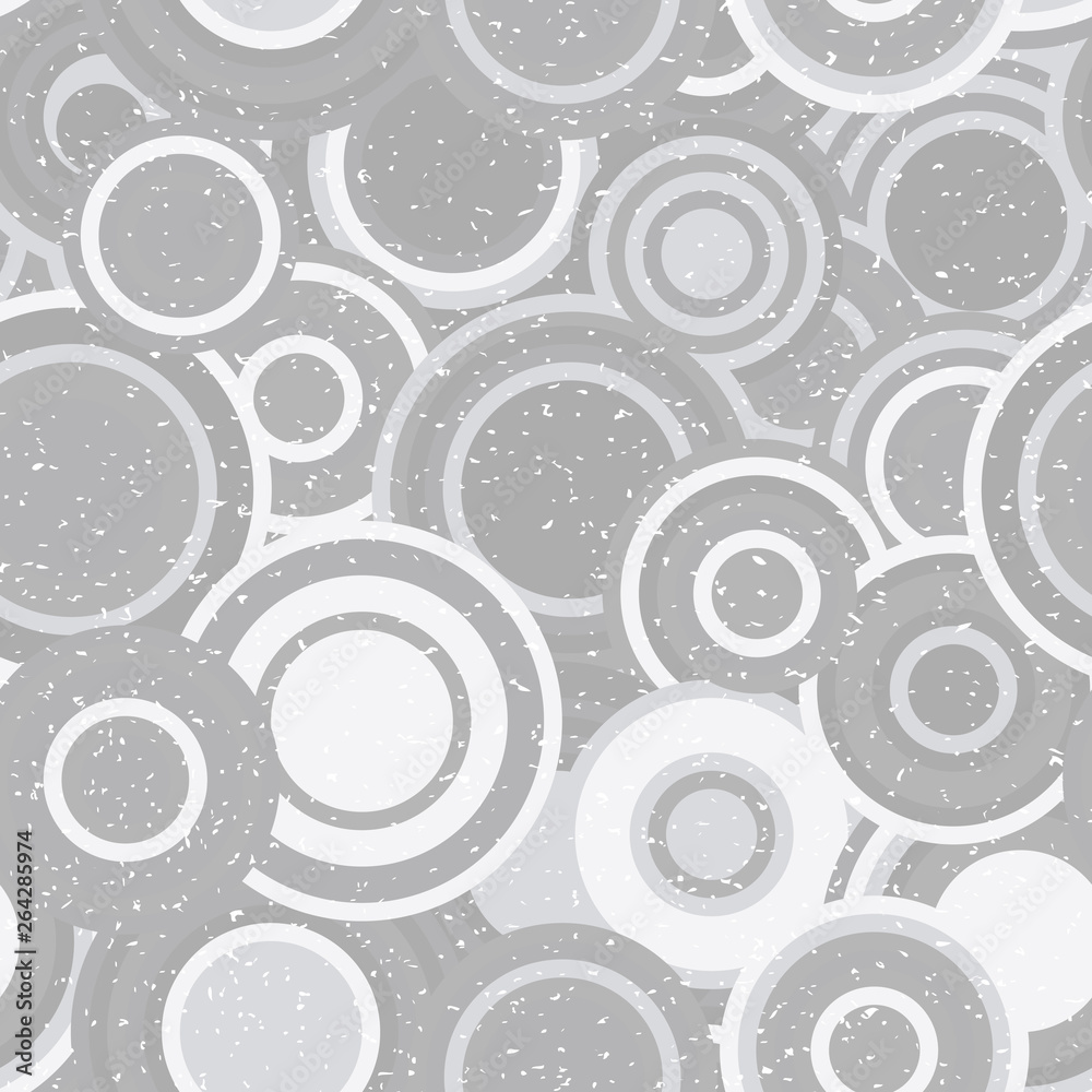 Poster Modern vector abstract seamless geometric pattern with  circles in retro scandinavian style. Neutral gray and white colored shapes with worn out texture.