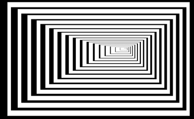Optical background with striped black and white rectangles. Deep immersion, space tunnel, architectural corridor. Hypnotic texture, op art abstraction.