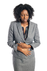 Black African American female businesswoman isolated on a white background looking sick