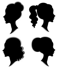 Collection. Silhouette of the head of a sweet lady. Pretty girl shows beautiful female hairstyle on medium and long hair. Suitable for logo, advertising. Vector illustration