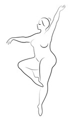 Silhouette of a cute lady, she is dancing ballet. The woman has an overweight body. Girl is plump. Woman ballerina, gymnast. Vector illustration © Nataliia