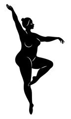 Silhouette of a cute lady, she is dancing ballet. The woman has an overweight body. Girl is plump. Woman ballerina, gymnast. Vector illustration