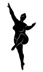 Silhouette of a cute lady, she is dancing ballet. The woman has an overweight body. Girl is plump. Woman ballerina, gymnast. Vector illustration © Nataliia