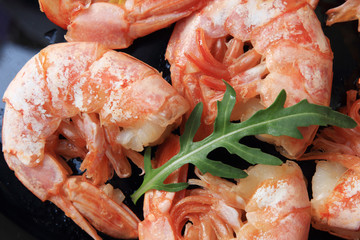 Grilled tiger shrimps on grill with spiced and rucola