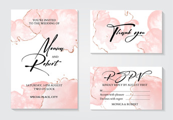 Romantic tender rose gold brush stroke watercolor background with glitter foil. Luxury invitation design for wedding invitation, save the date and thank you cards. With place for text.