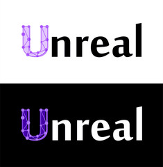 Unreal - vector label isolated on white and black color in EPS10. Illustration for decoration of the virtual reality and modern technology of future.