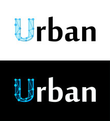 Urban label, title caption on white and black color isolated. First capital letter in style of modern futuristic abstract design demonstrating modernity and progressiveness.