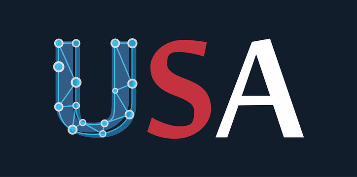 United States of America - USA label in colors of national flag isolated on dark blue color. First capital letter in style of network and links shows a modern of this country and future prospects.