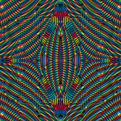 Color seamless pattern with hypnotic trance texture. Multicolored glitched background. Op art unique bright kaleidoscope. Psychedelic trippy art.