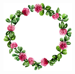 Red clover flowers with leaves - Botanical healing herbs watercolor  illustration - decorative wreath - isolated on white background