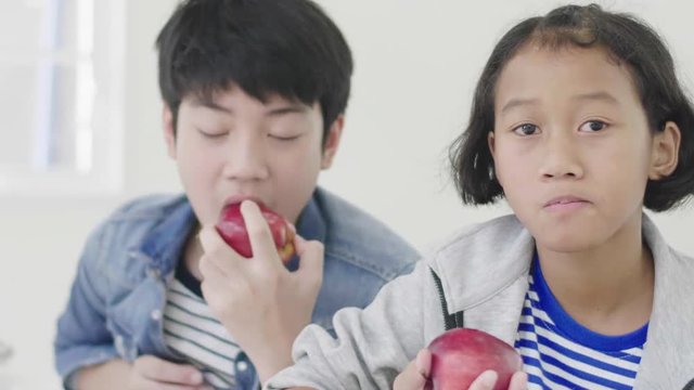  Young boys are using computers to teach and explain homework. To friends with facial expressions and happy gestures, Both children  are eating apples. And also do homework