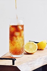Espresso Tonic, refreshment summer drink with tonic water, lemon and coffee, copy space