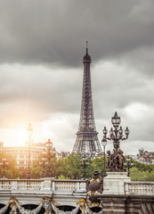 Paris, France. View of the Eiffel Tower and the architecture of the city on a cloudy day.