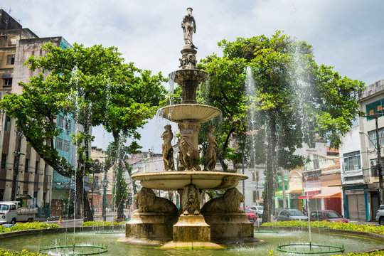 Recife, Brazil - Circa April 2019: Water fountain at Maciel Pinheiro square in Boa Vista neighborhood