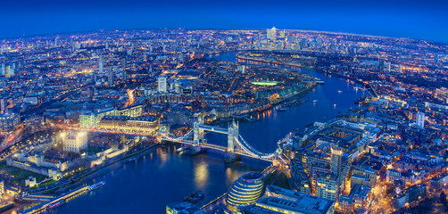 Fototapeta na wymiar wide view of London city in a beautiful night. aerial shot