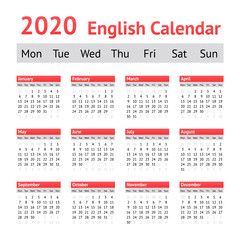 2020 European English Calendar. Week starts on Monday