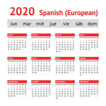 Calendar 2020 (Spain). European Spanish Calendar. Week starts on Monday