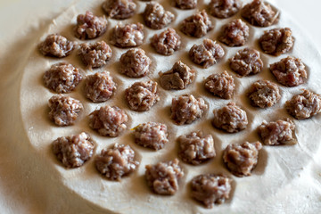 minced balls filling for dumplings are laid out on the dough for cooking, close-up of cooking dumplings.