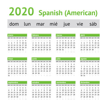 2020 Spanish American Calendar. A week starts on Sunday