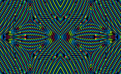 Color seamless pattern with hypnotic trance texture. Multicolored glitched background. Op art unique bright kaleidoscope. Psychedelic trippy art.