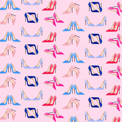 Obraz premium Fashion shoes seamless pattern. Hight-heels blue, red, pink and beige shoes on a pink background 