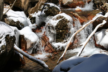早春　雪の八ヶ岳連峰　北沢のせせらぎ