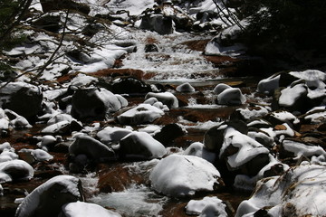 Fototapeta premium 早春 雪の八ヶ岳連峰 北沢のせせらぎ
