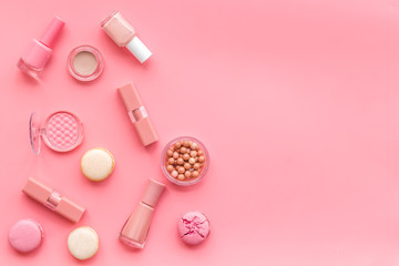 make-up accessories and fashion stylish cosmetics on pink desk background top view space for text