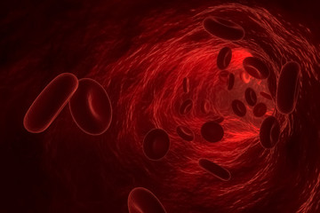 3d render of red blood cells or corpuscle flowing in a blood vessel. Medical or biology concept illustration.